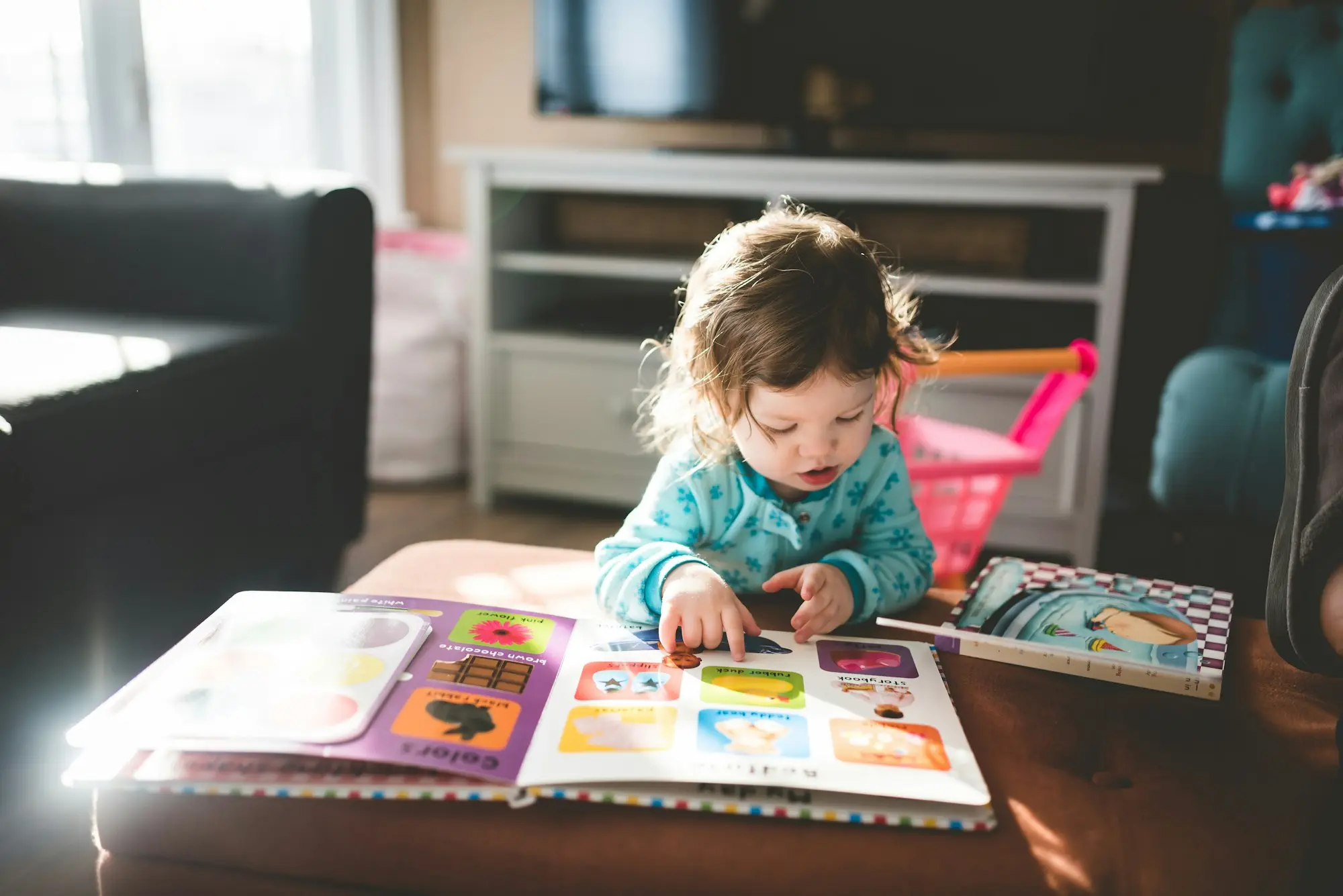 Toddler reading a picture book in a childcare playroom